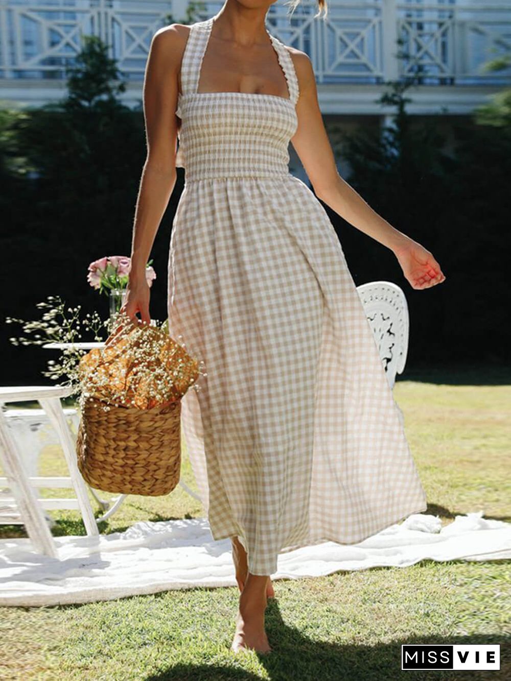 Pastoral Check Backless Midi Dress