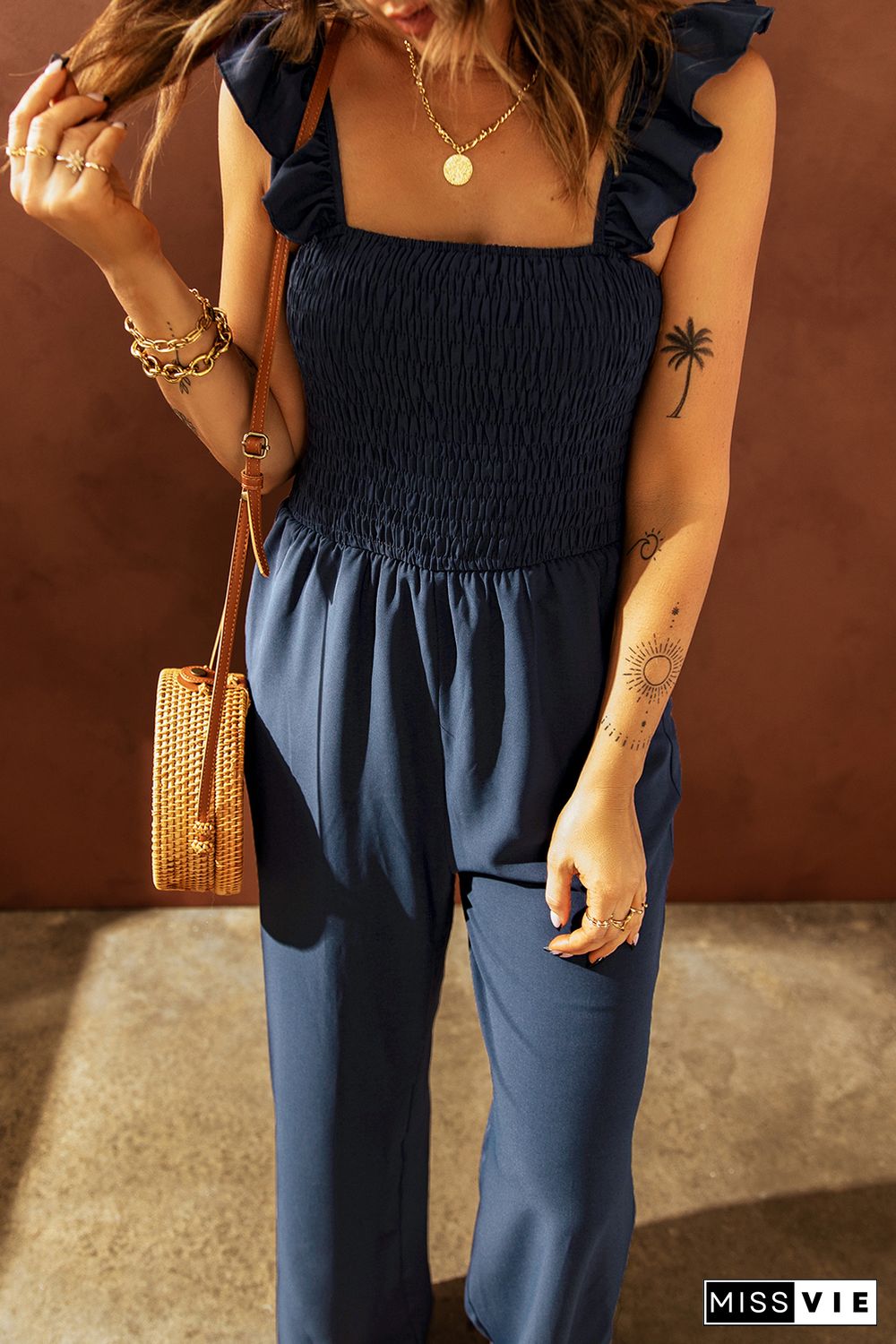 Blue Flutter Sleeve Smocked Wide Leg Jumpsuit