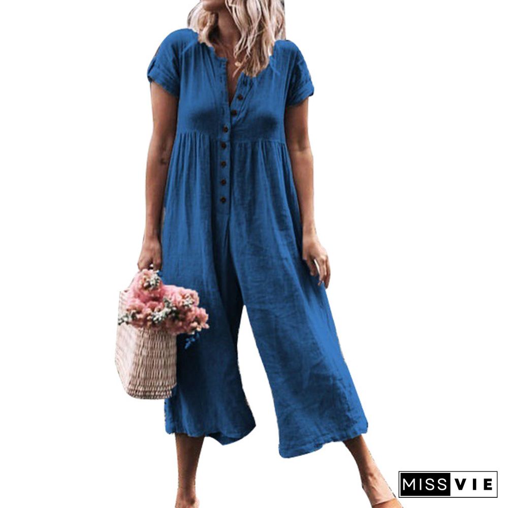 Women V Neck Short Sleeve Button Down Wide Leg Jumpsuits Rompers