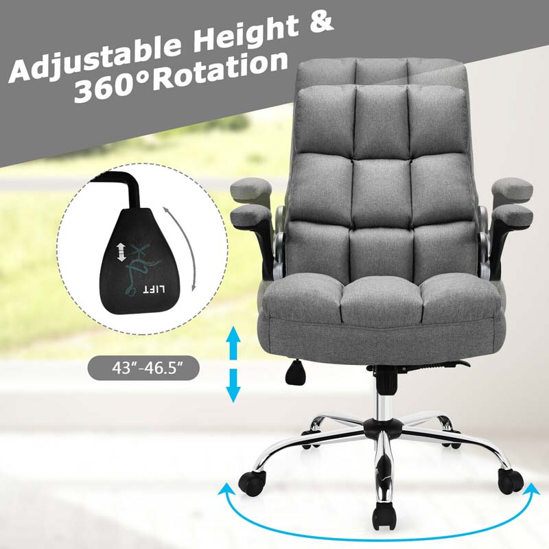 Linen Fabric Thick Padding Big & Tall Executive Office Chair with Flip-up Armrest, Swivel High Back Computer Desk Chair