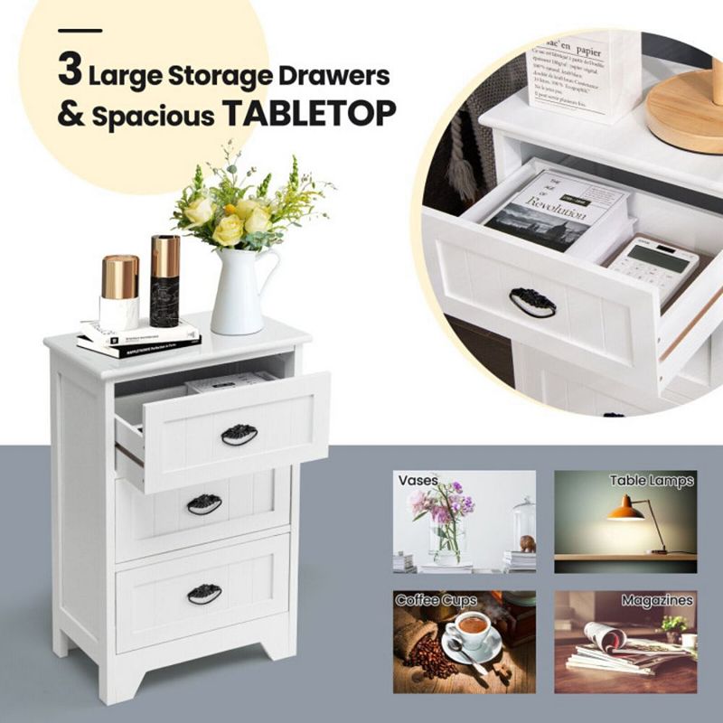 Hivago 3 Drawers End Storage Wood Side Nightstand - White