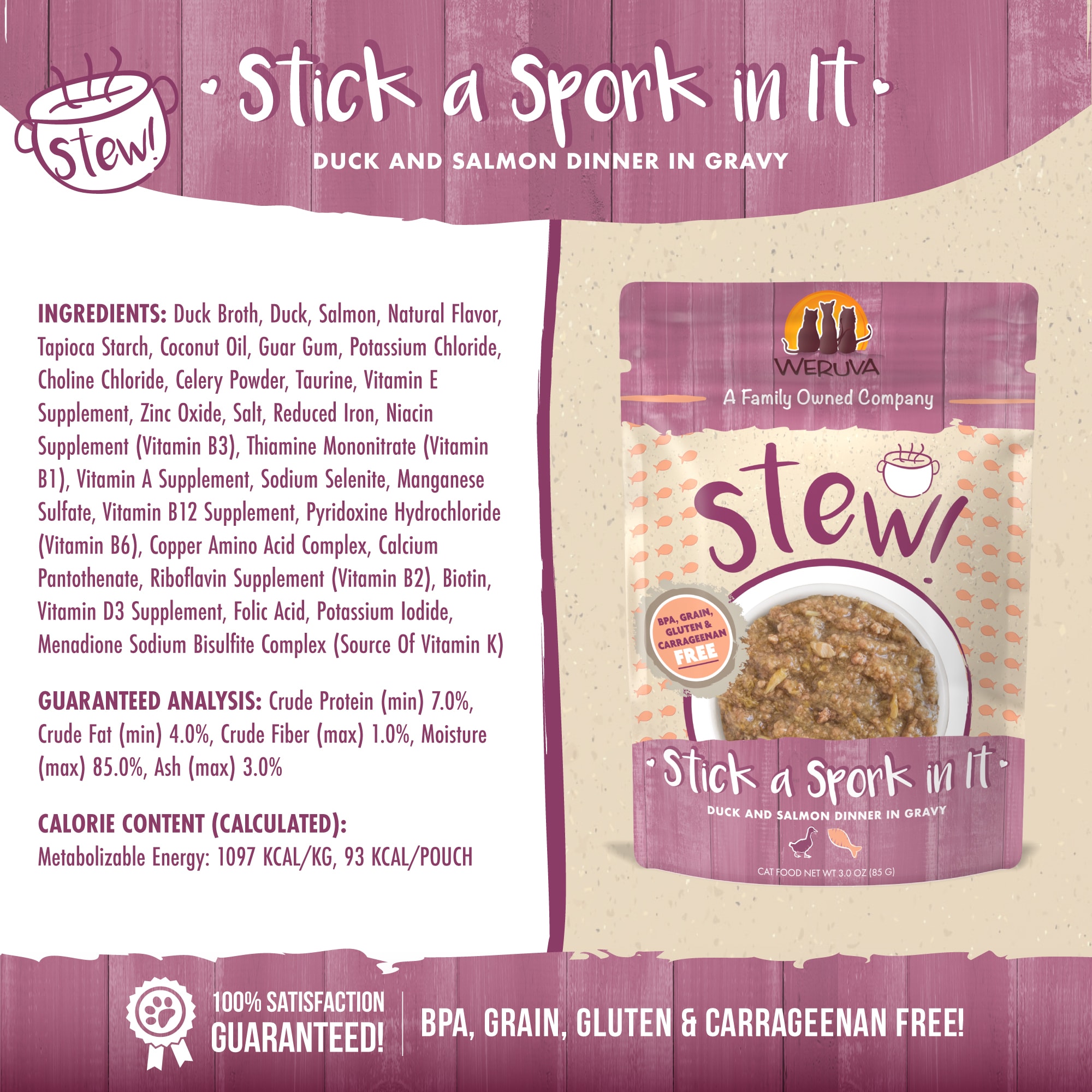 Weruva Stew! Stick a Spork In It Duck and Salmon Dinner in Gravy Wet Cat Food， 3 oz.， Case of 12