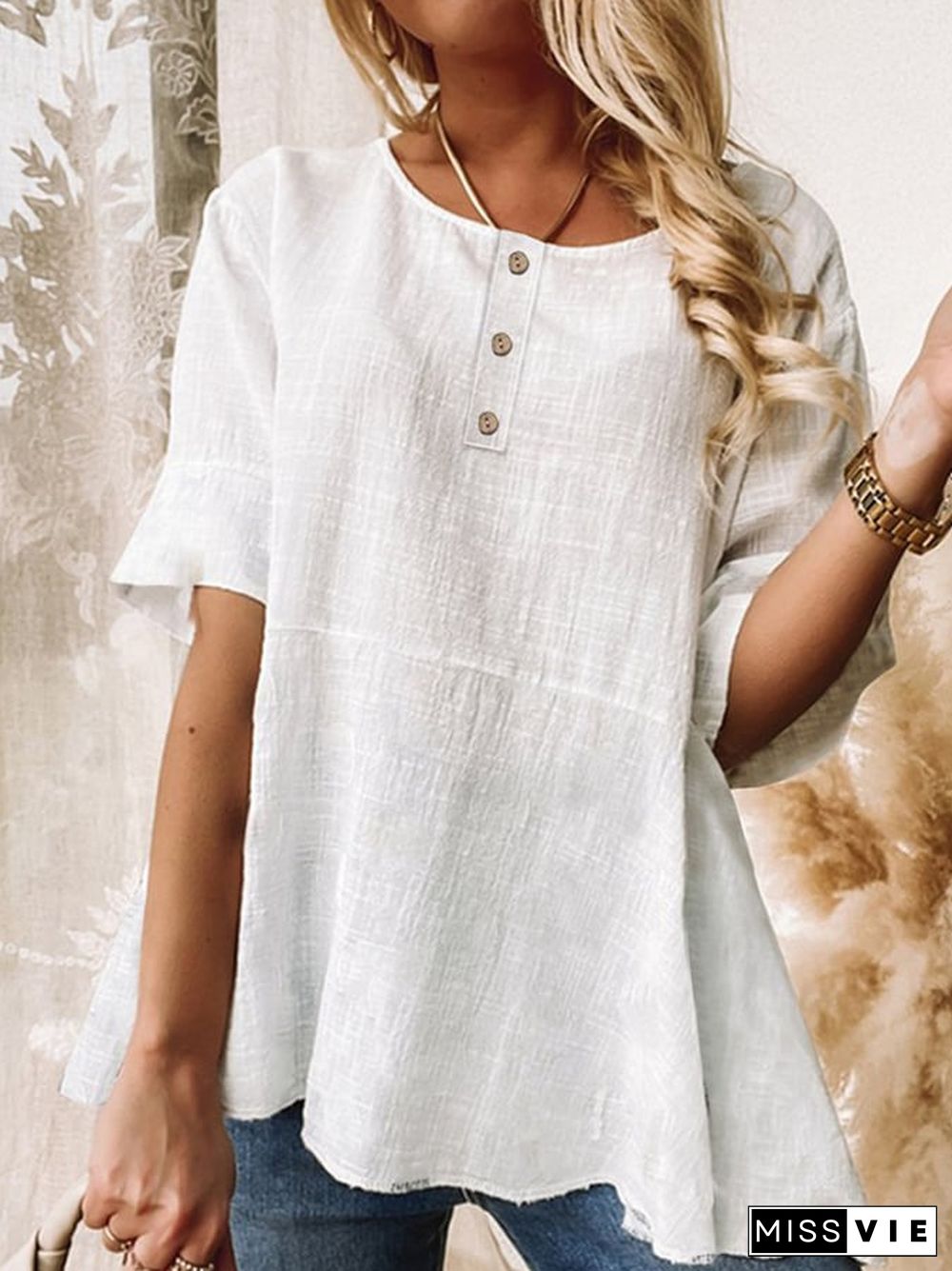 Round Neck Loose Solid Color Cotton And Linen Short-Sleeved Shirt