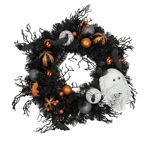 Northlight Orange Ornaments And Ghost Halloween Pine Wreath 24 inch Unlit