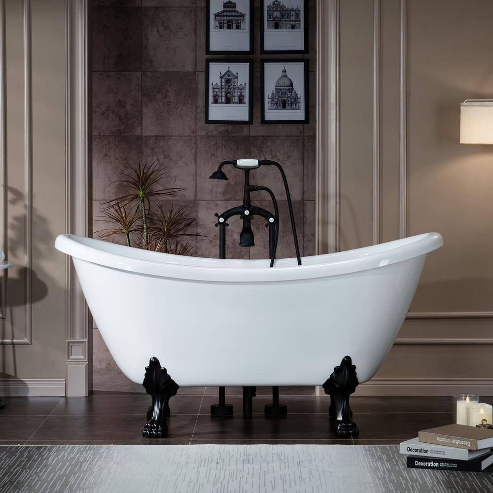 WOODBRIDGE Topeka 59 in. Heavy Duty Acrylic Slipper Clawfoot Bath Tub in White Faucet Claw Feet Drain  Overflow in Matte Black HBT7037