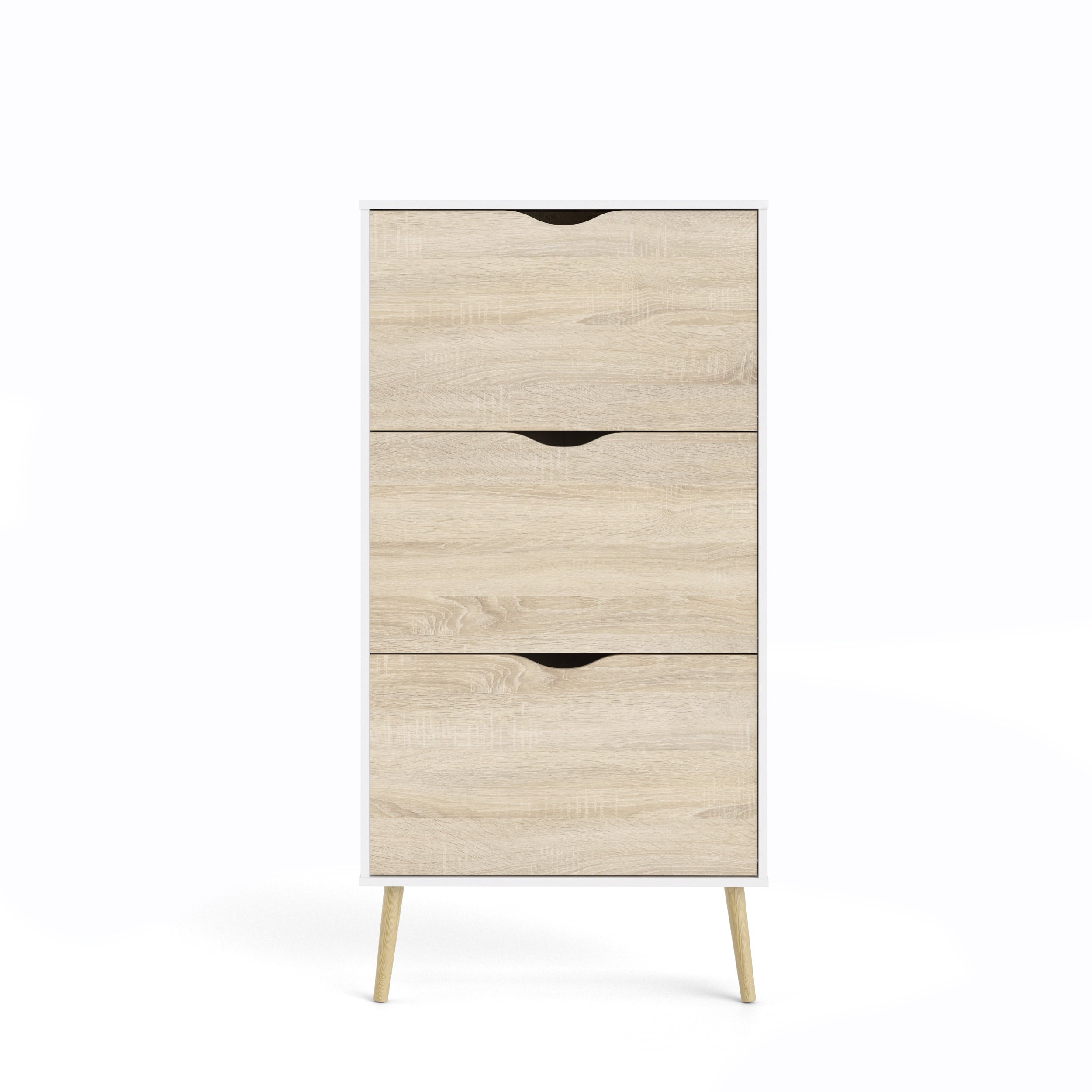 Diana 3-Drawer Shoe Accent Cabinet， accommodates  18-21 Pairs of Shoes; White/Oak Structure