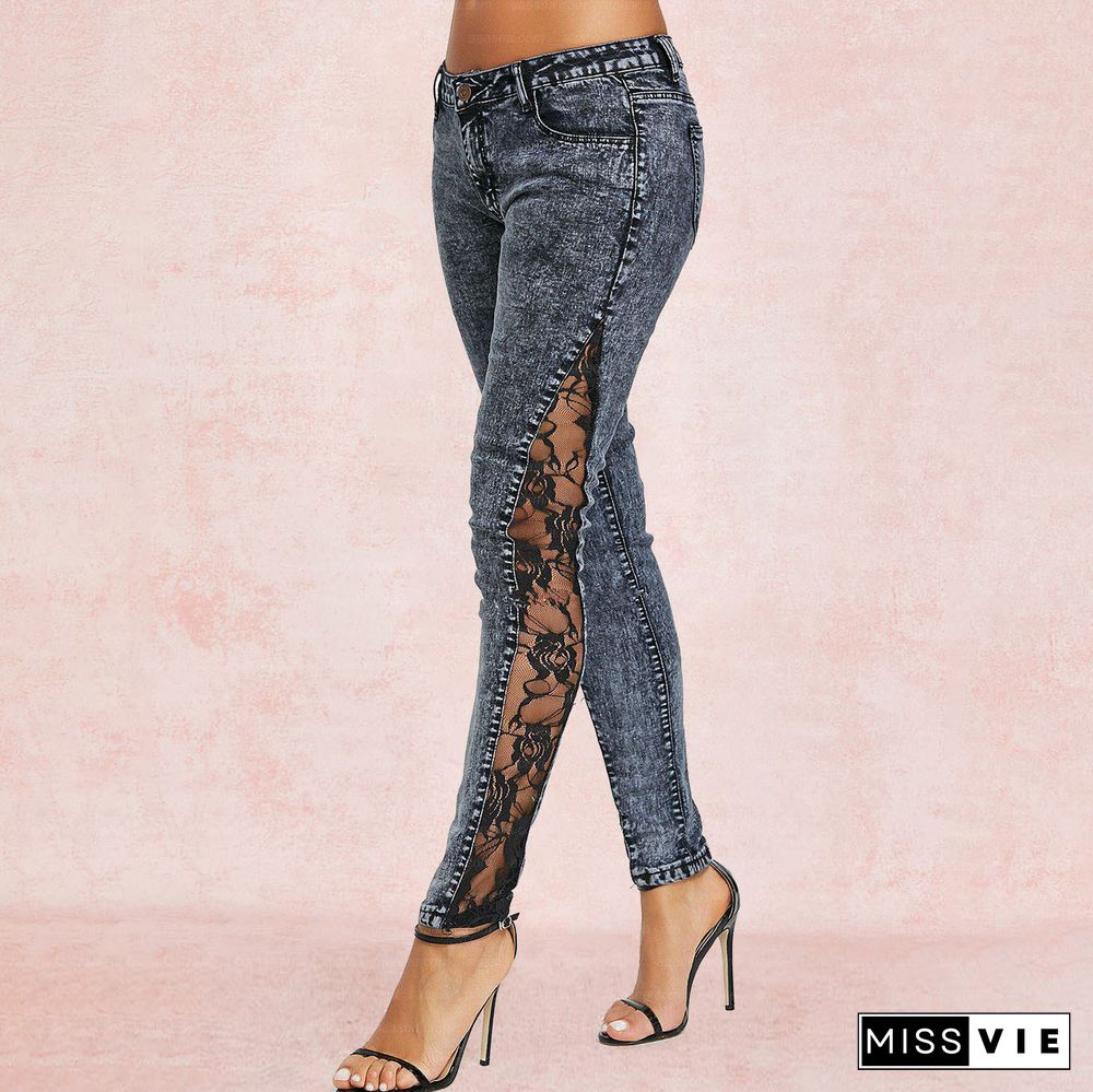 Stylish, Elegant, Slim, Versatile, Personalized Slit Lace Jeans