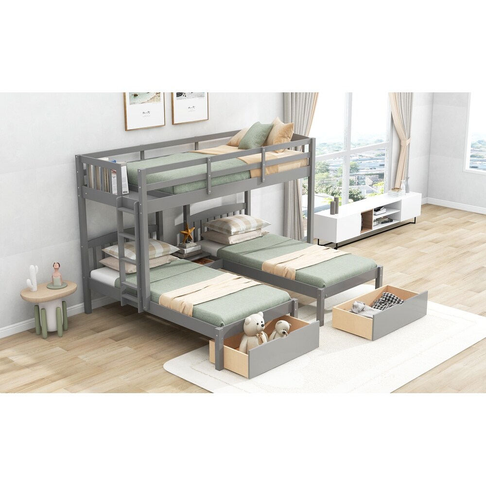 Gray Full over Twin   Twin Bunk Bed Triple Bunk Bed with Drawers