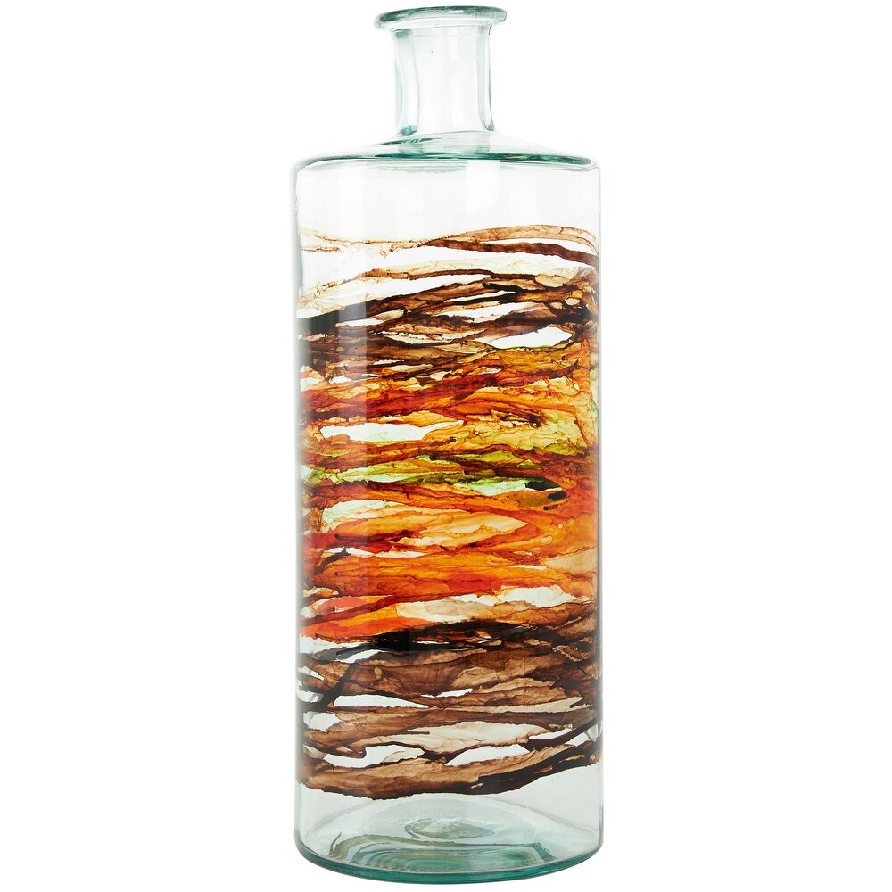 Clear Recycled Glass Abstract Spanish Bottle Vase with Swirled Colored Glass Bands