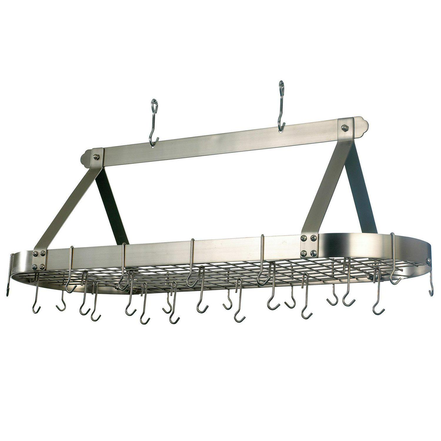 Satin Nickel Oval Hanging Pot Rack with Grid and 24 Hooks