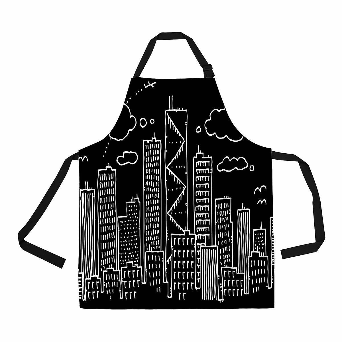 Cartoon Line Of A City At Night Apron Home Kitchen Apron With Pockets