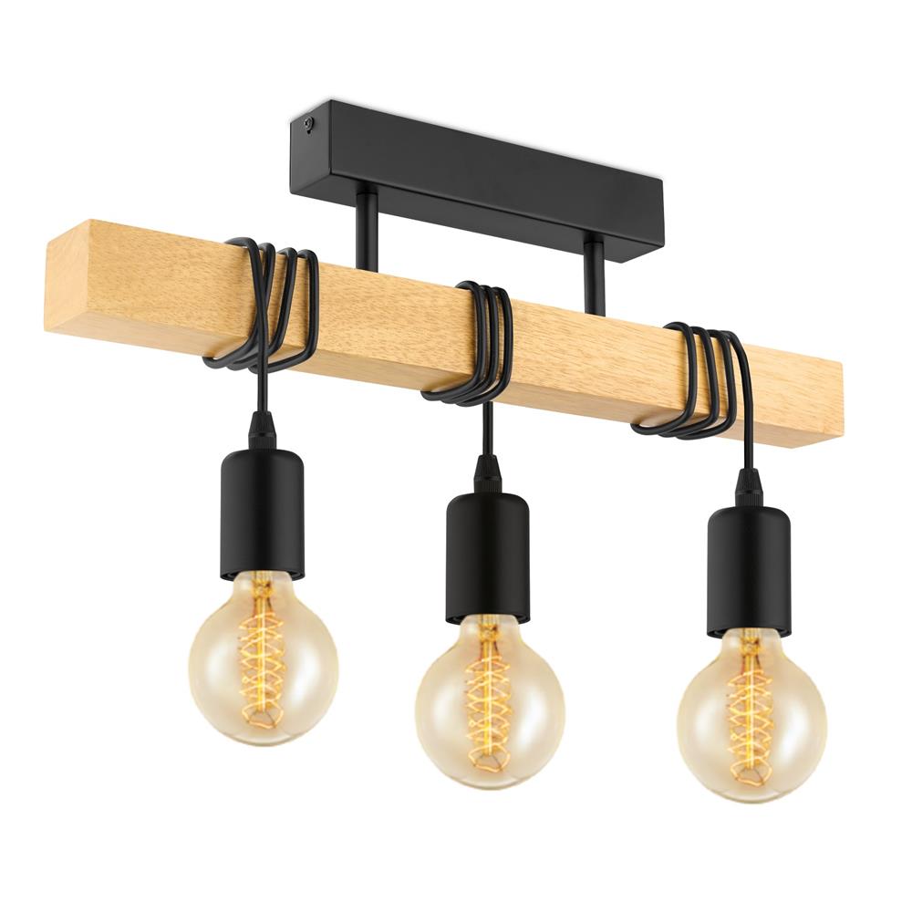 Eglo 32915 Townshend Black & Oak Wood Vintage 3 Lamp Semi Flush