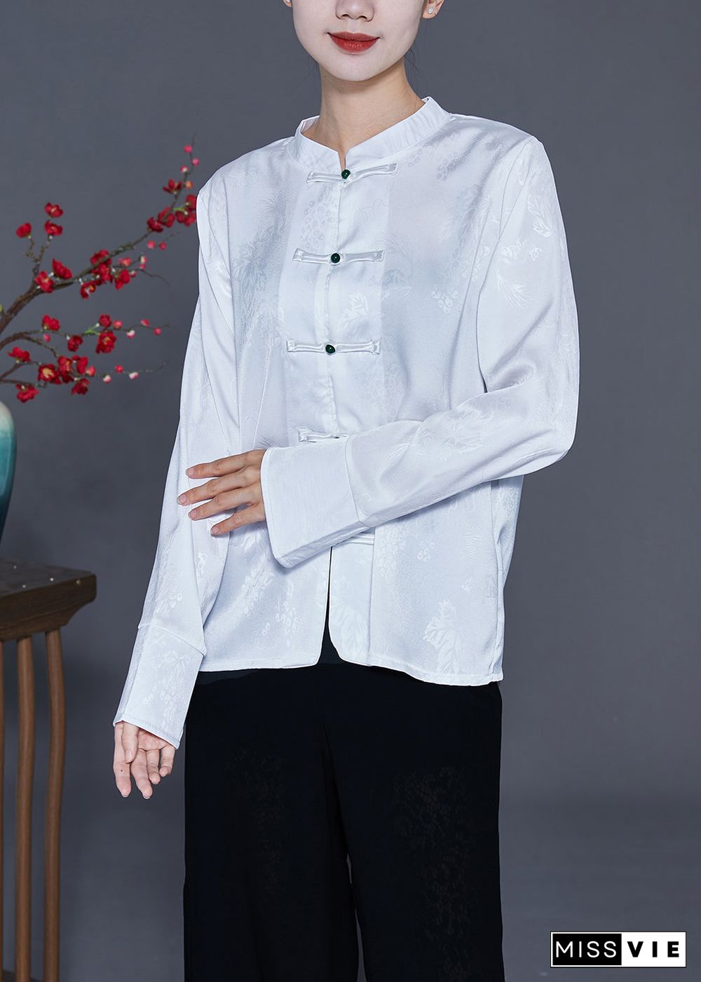 Chinese Style White Stand Collar Chinese Button Silk Blouse Top Spring