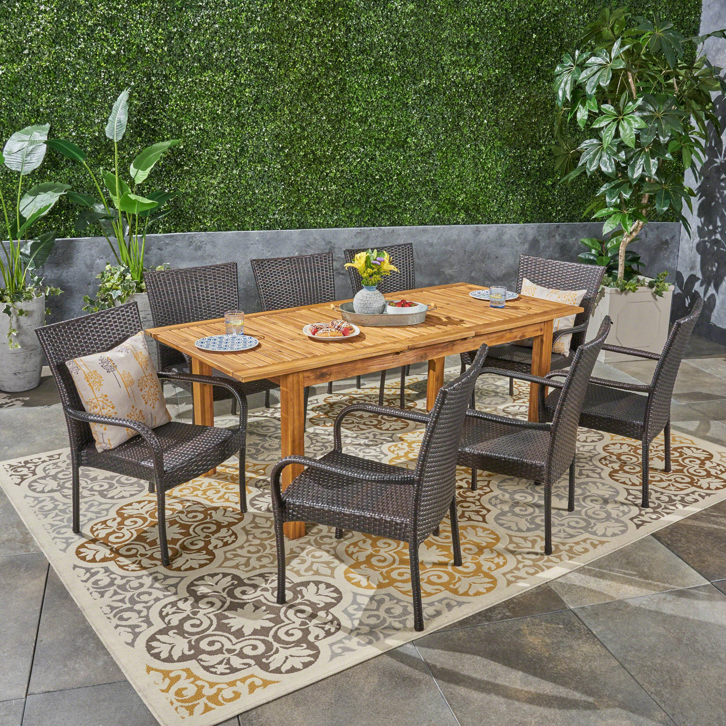 Ellis Outdoor 7 Piece Wood and Wicker Expandable Dining Set