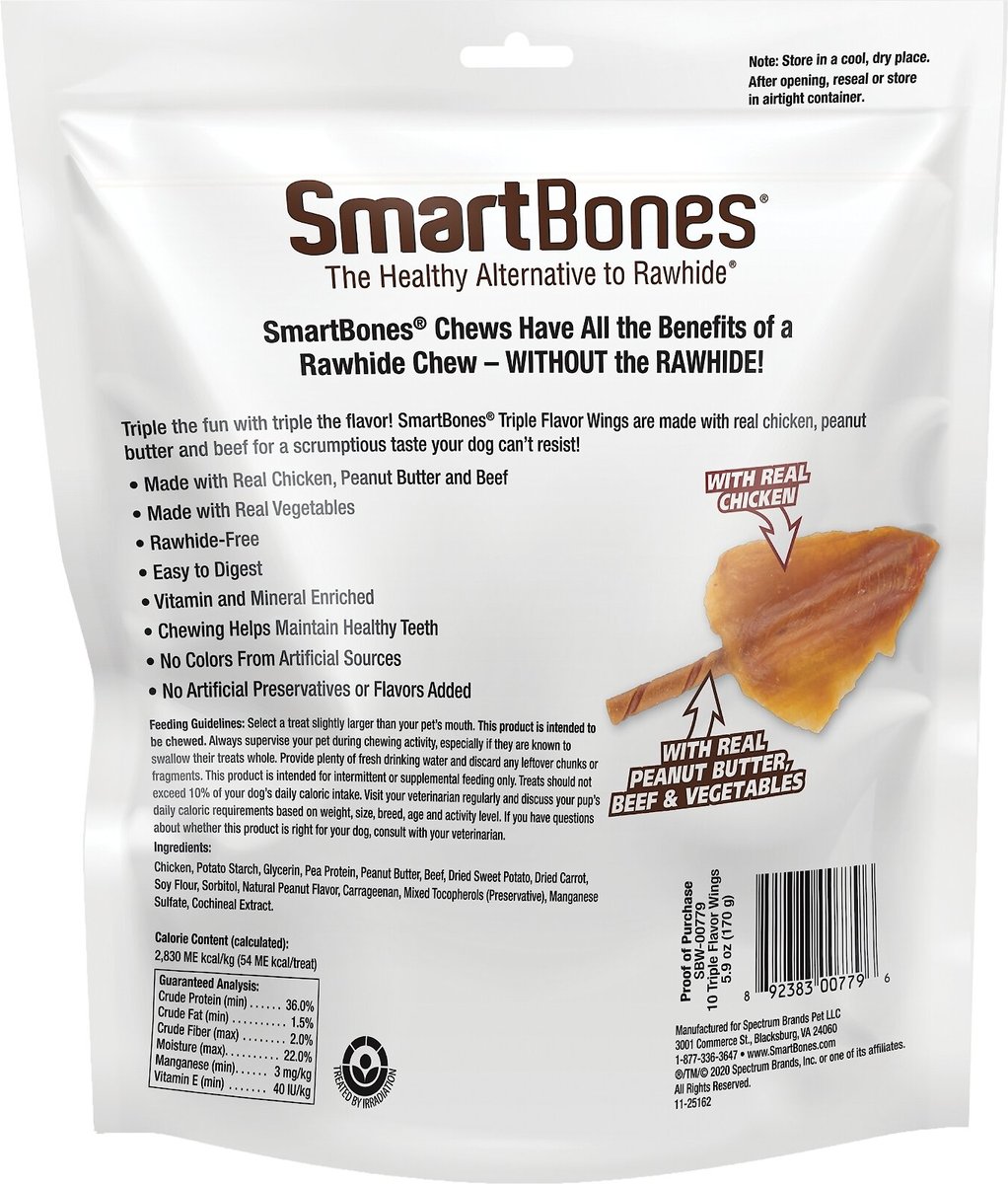 SmartBones Triple Flavor Wings Peanut Butter Dog Treats， 10 count