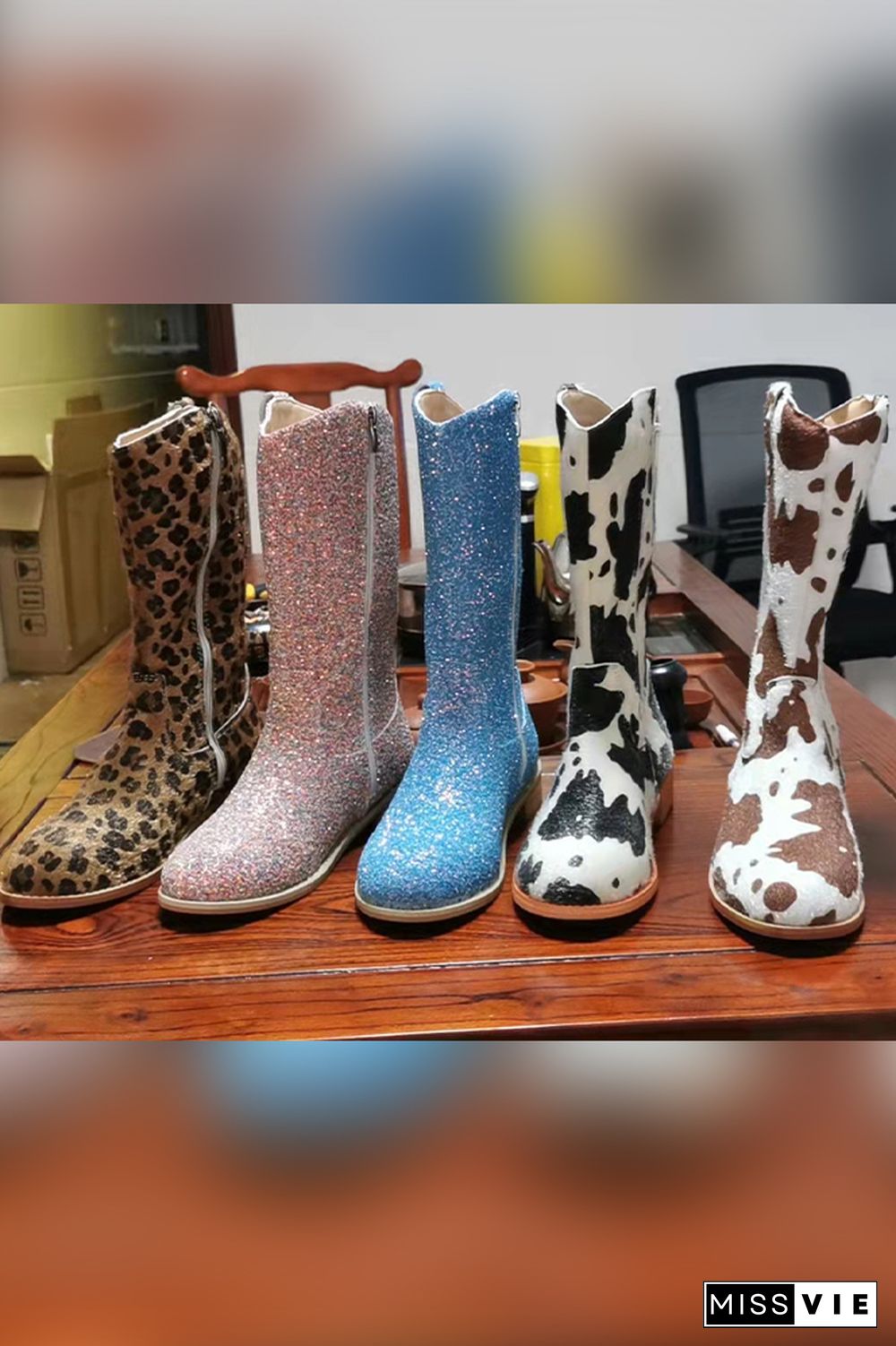 Cow Leopard Print Sequins Zipper Mid-calf Boots Wholesale