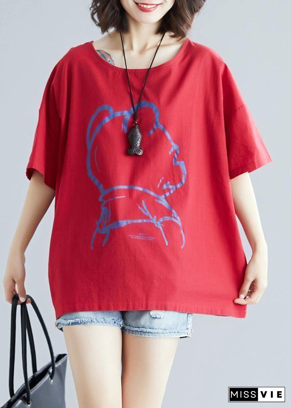 DIY Cartoon print cotton linen tops women Outfits red o neck blouses summer