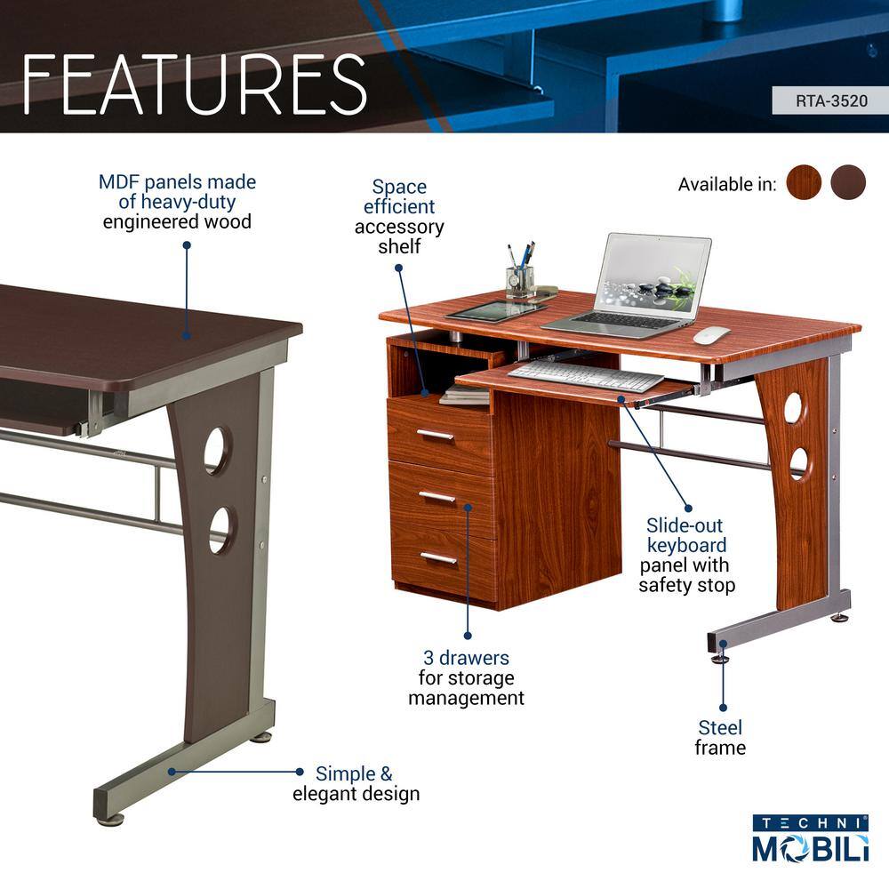 TECHNI MOBILI 48 in. Rectangular Chocolate 3 Drawer Computer Desk with Keyboard Tray RTA-3520-CH36