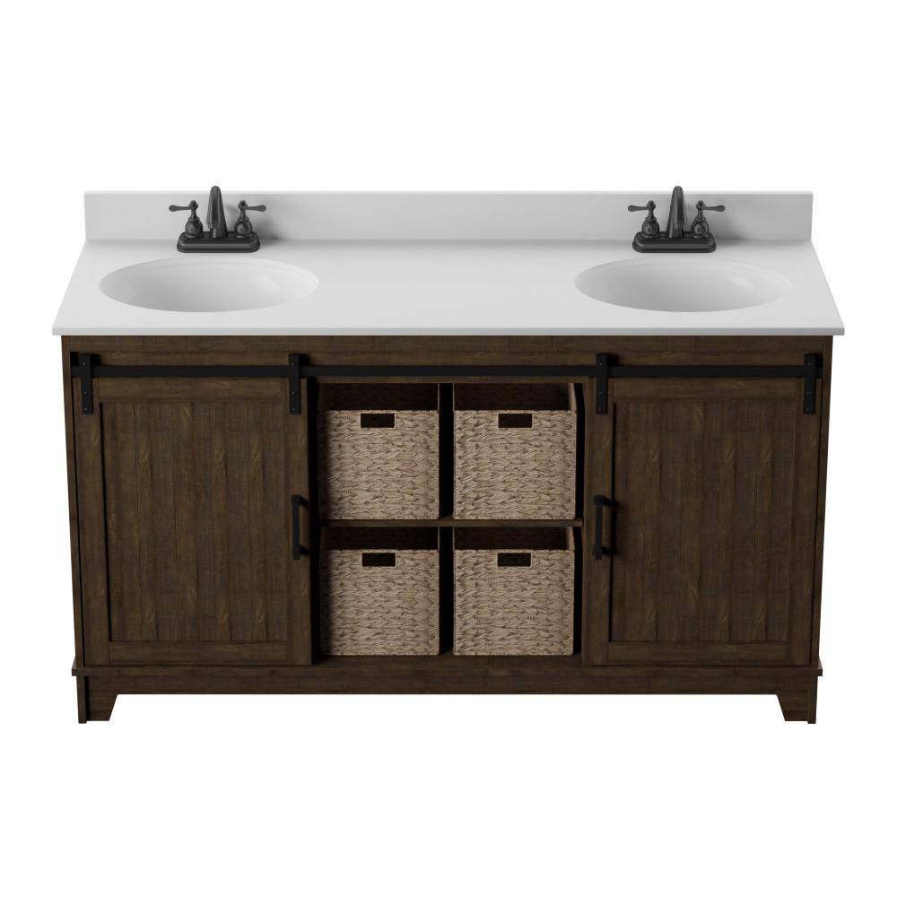 Twin Star Home 60 in.W x 22 in. D x 37.88 in. H Double Sink Bath Vanity in Saw Cut Espresso with White Marble Top and Sliding Barn Door 60BV34004-PD01