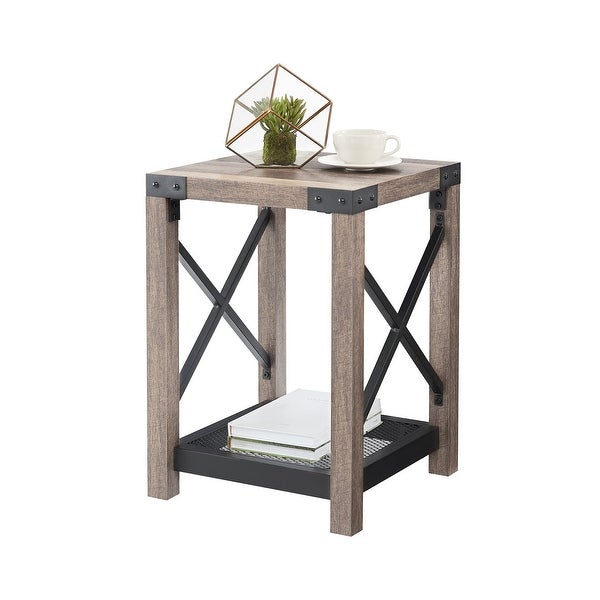 2-Tier Rectangle Coffee Table with Storage Shelf Side Table with Mesh Shelf End Table with X-Design Nightstand with Metal Frame