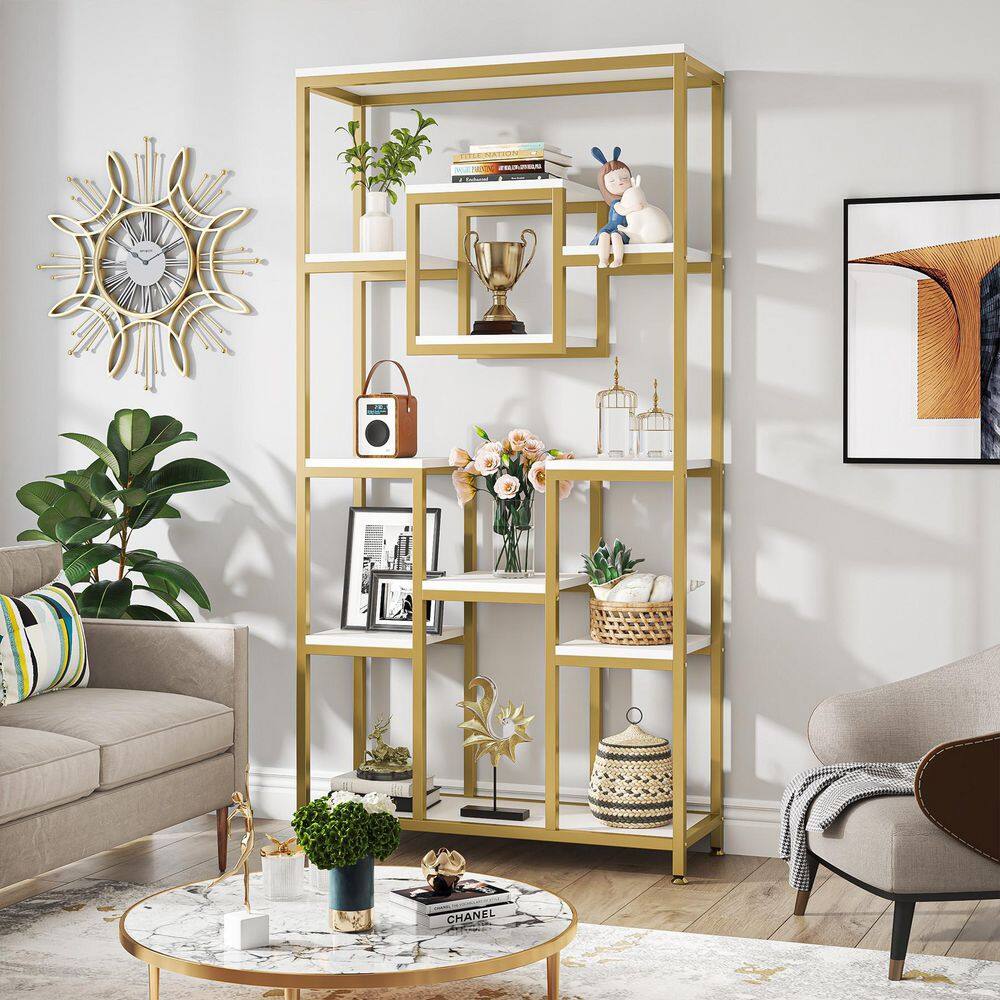 TRIBESIGNS WAY TO ORIGIN Frailey 71 in. Gold White Tall 11-Tier Large Open Display Bookshelf Geometric Cubed Bookcase Modern Storage Home Office HD-XK00191-WZZ