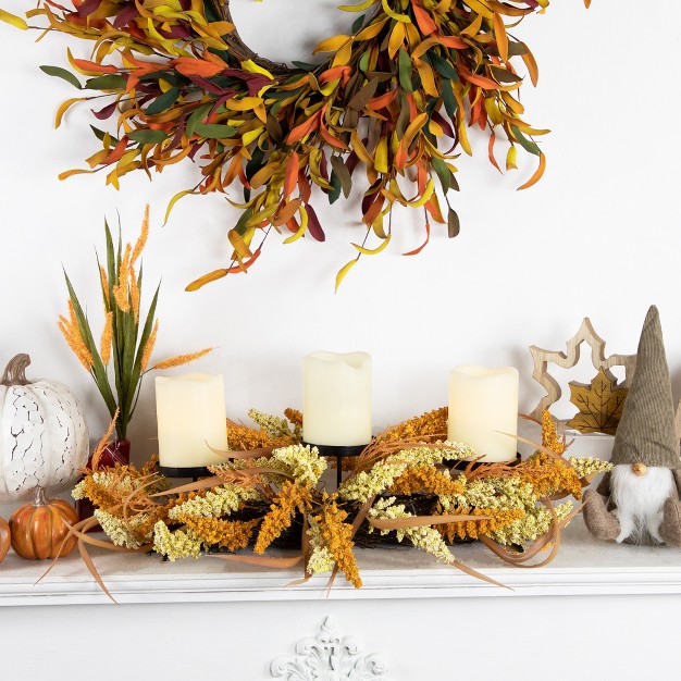 Autumn Harvest Triple Candle Holder With Artificial Fall Foliage