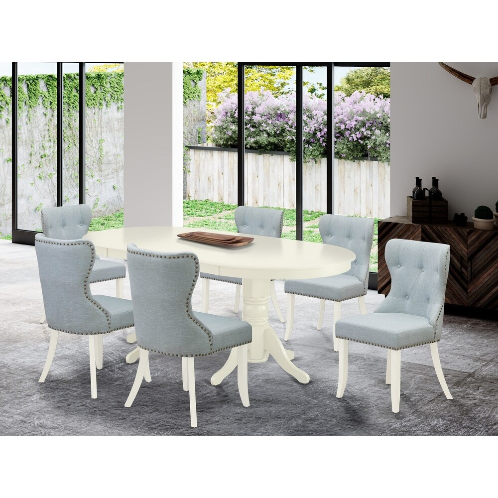 East West Furniture Kitchen Table Set  Oval Wooden Table and Baby Blue Linen Fabric Chairs  Linen White(Pieces Options)