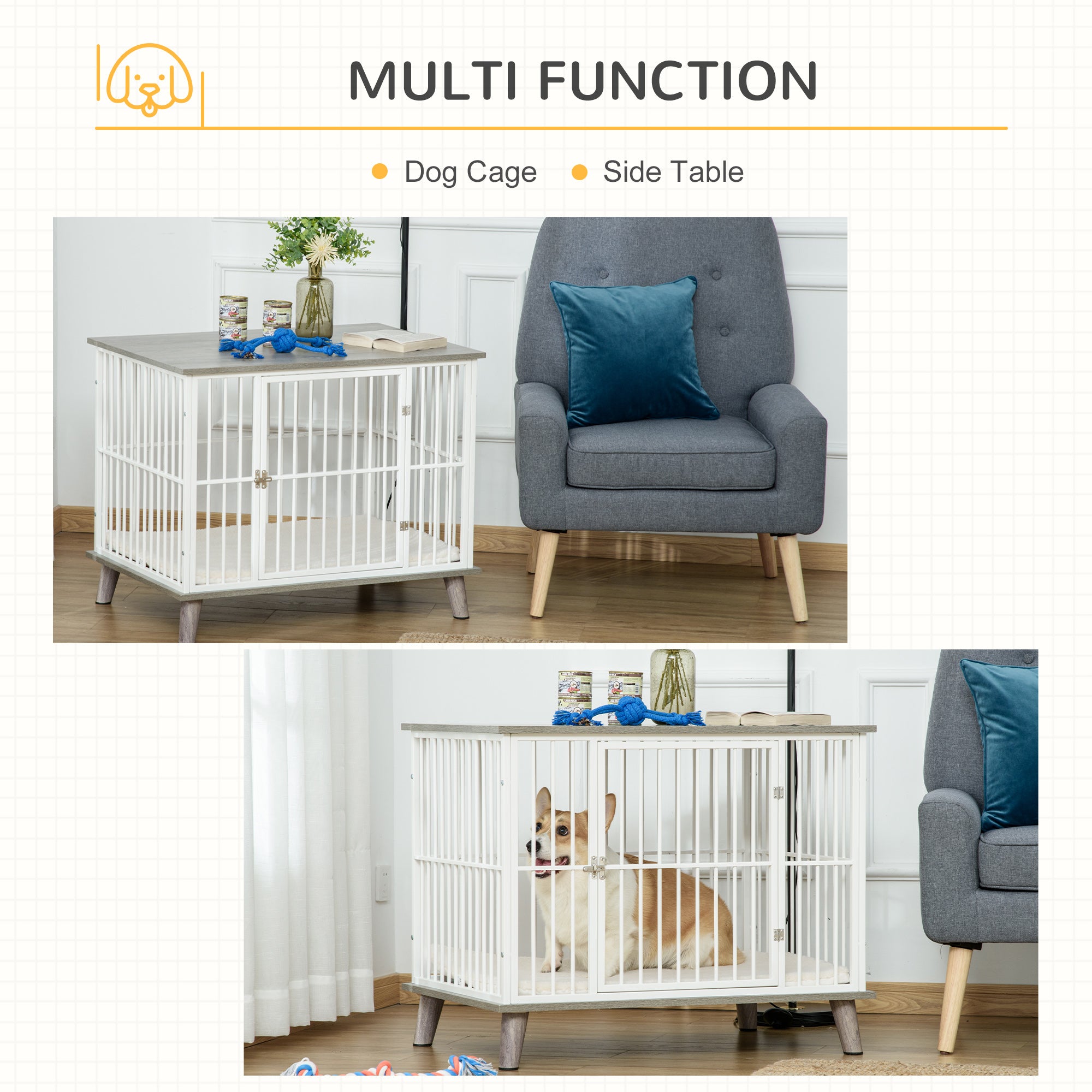 PawHut Furniture Style Dog Cage House w/ Soft Cushion for Small Medium Dog， Grey