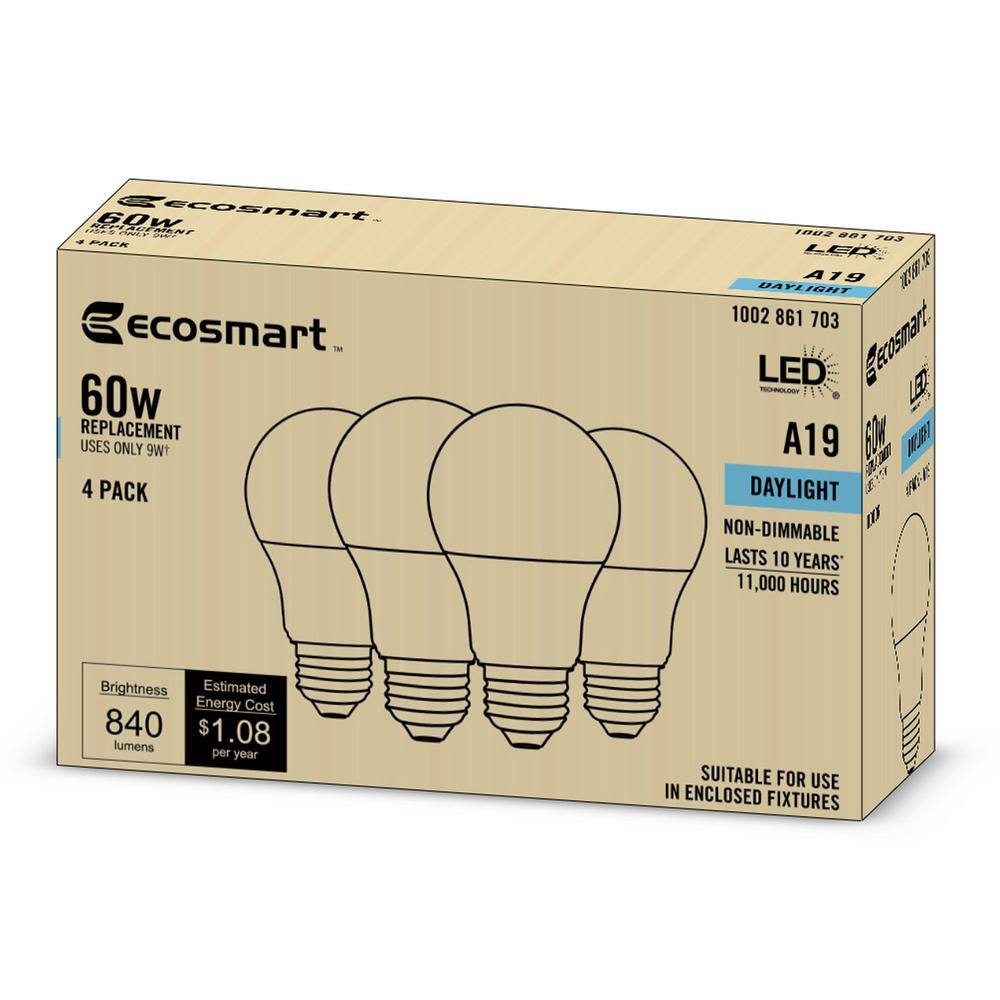 EcoSmart 60-Watt Equivalent A19 Non-Dimmable LED Light Bulb (5000K) Daylight (4-Pack) B7A19A60WUL34