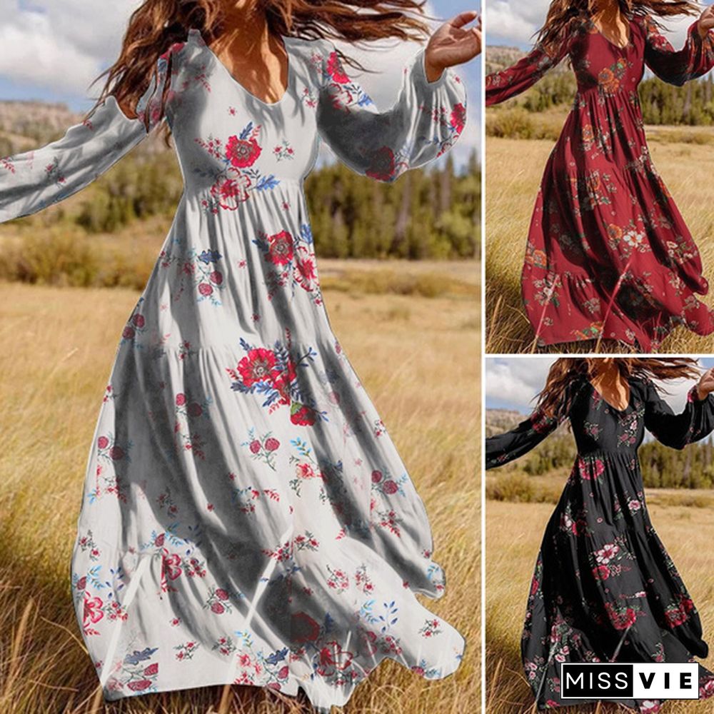 Zanze Women Crew Neck Long Sleeve Floral Print Muslim Dress Maxi Dress Plus Size Baggy Oversize Swing Party Dresses