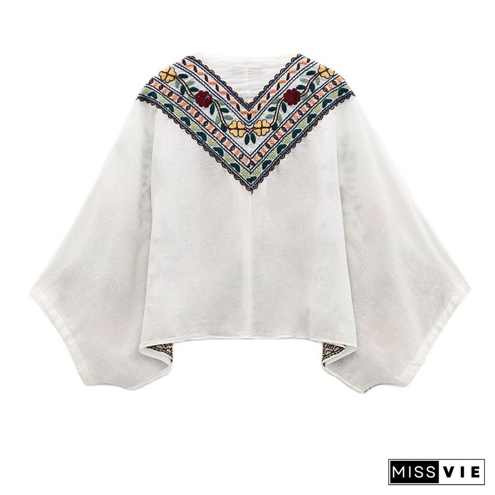 {}Y2k TA AF Zar Women's Summer Blouses Loose Batwing Sleeve Short Shirt Buttoned Retro Embroidered Shirt Top Casual Cardigan