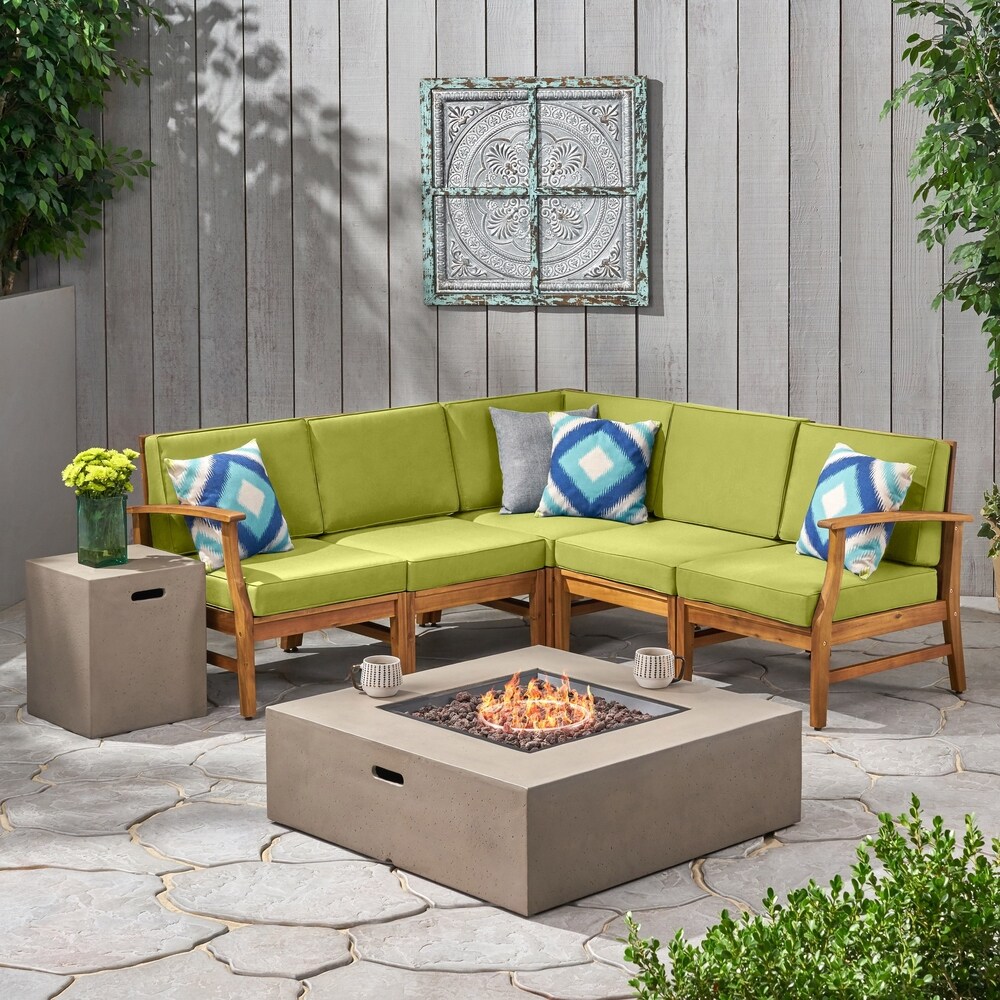 Illona Outdoor 5 Seater V Shaped Acacia Wood Sofa Set with Square Fire Table and Tank by Christopher Knight Home