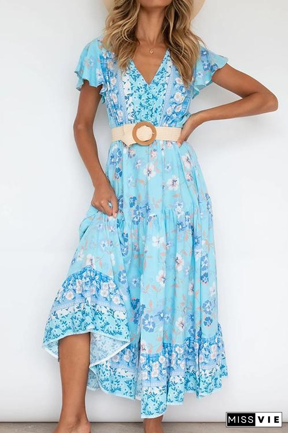 V-Neck Button Blue Floral Dress