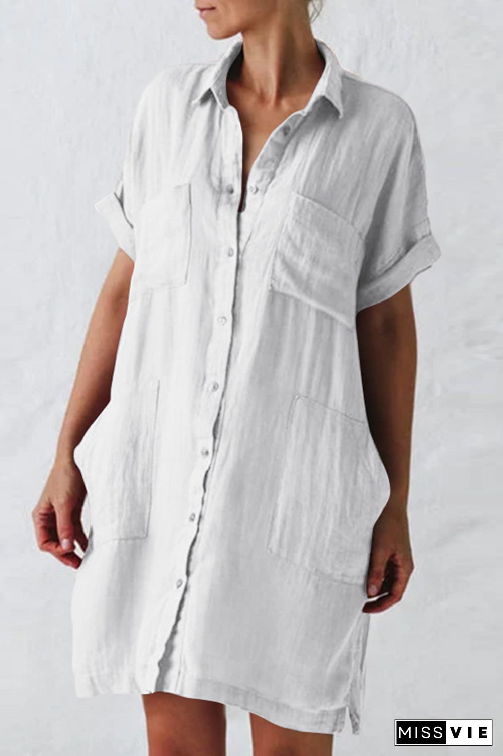 Casual Solid Split Joint Turndown Collar Shirt Dress Dresses(4 colors)