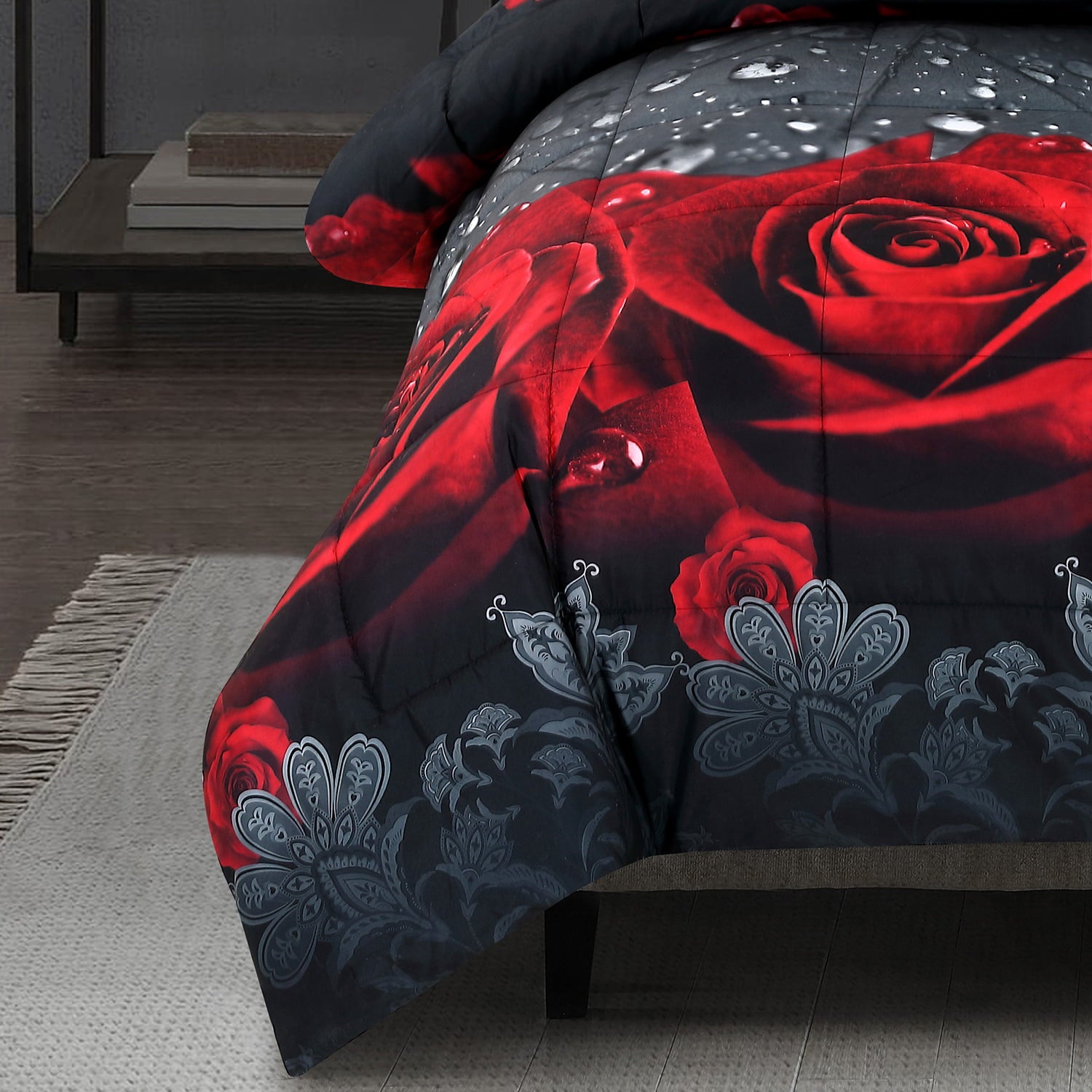 3 Piece 3D Rose Love Romantic Moment Printed Comforter Set Queen King Size (Y28) - Box Stitched， Soft， Breathable， Fade Resistant -Includes 1 Comforter， 2 Shams