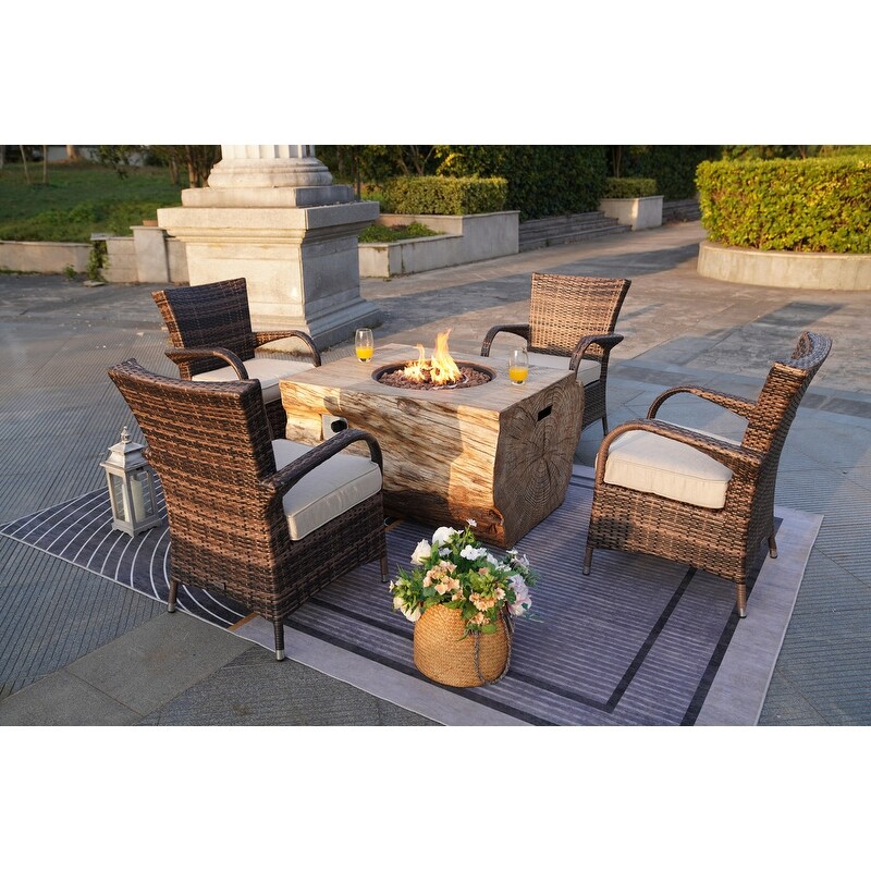 Patio Wood Coating Propane Fire Pit Table with Four Chairs