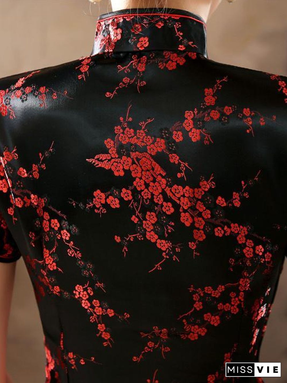 Black Red-flower Print Split-side Long Cheongsam