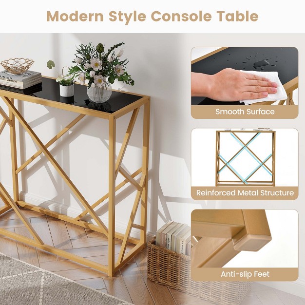 Tempered Glass Top Console Table With Foot Pads Golden Heavy duty Metal Frame