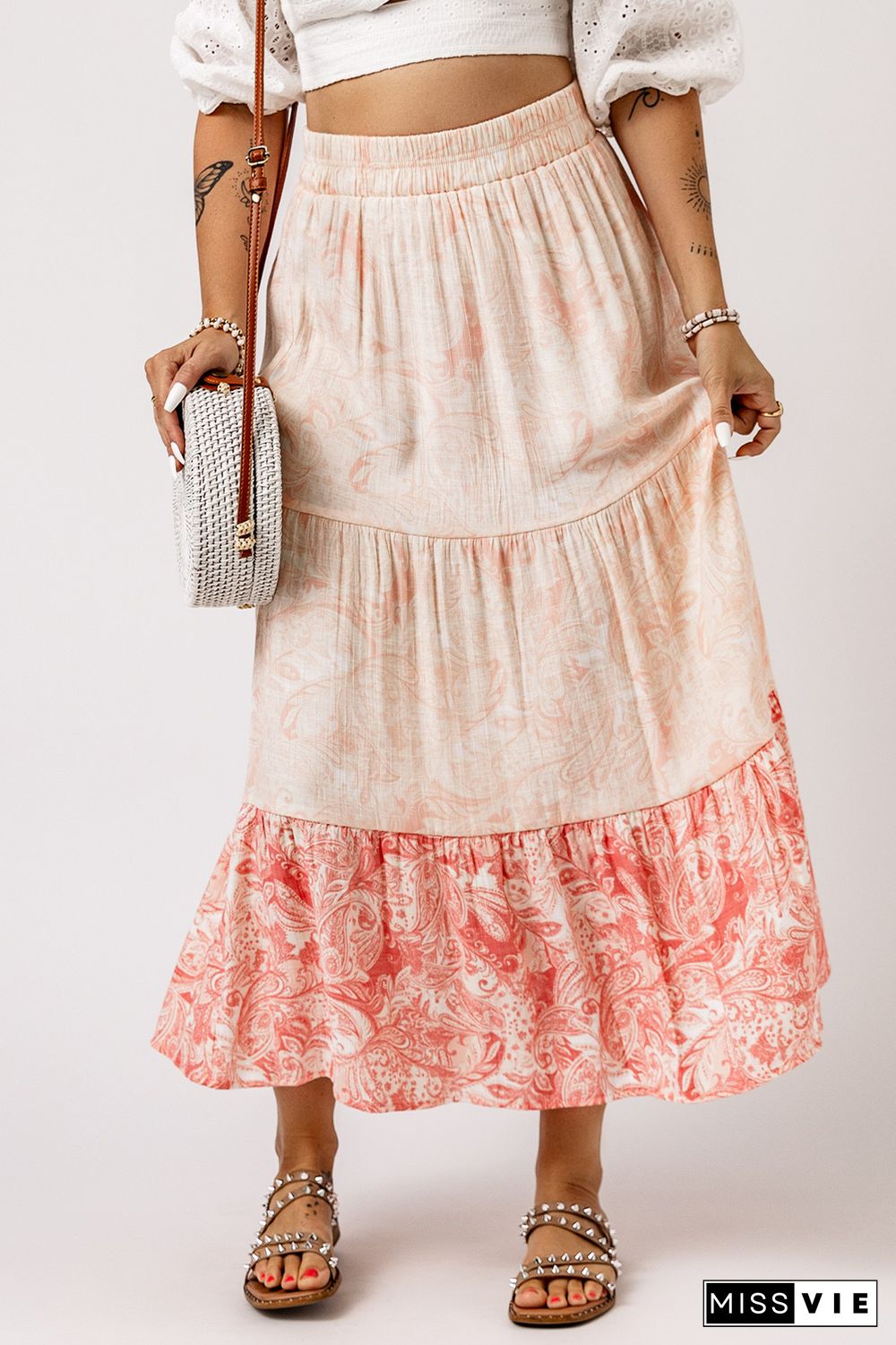 Pink Floral Print Ruffle Hem Tiered Maxi Skirt