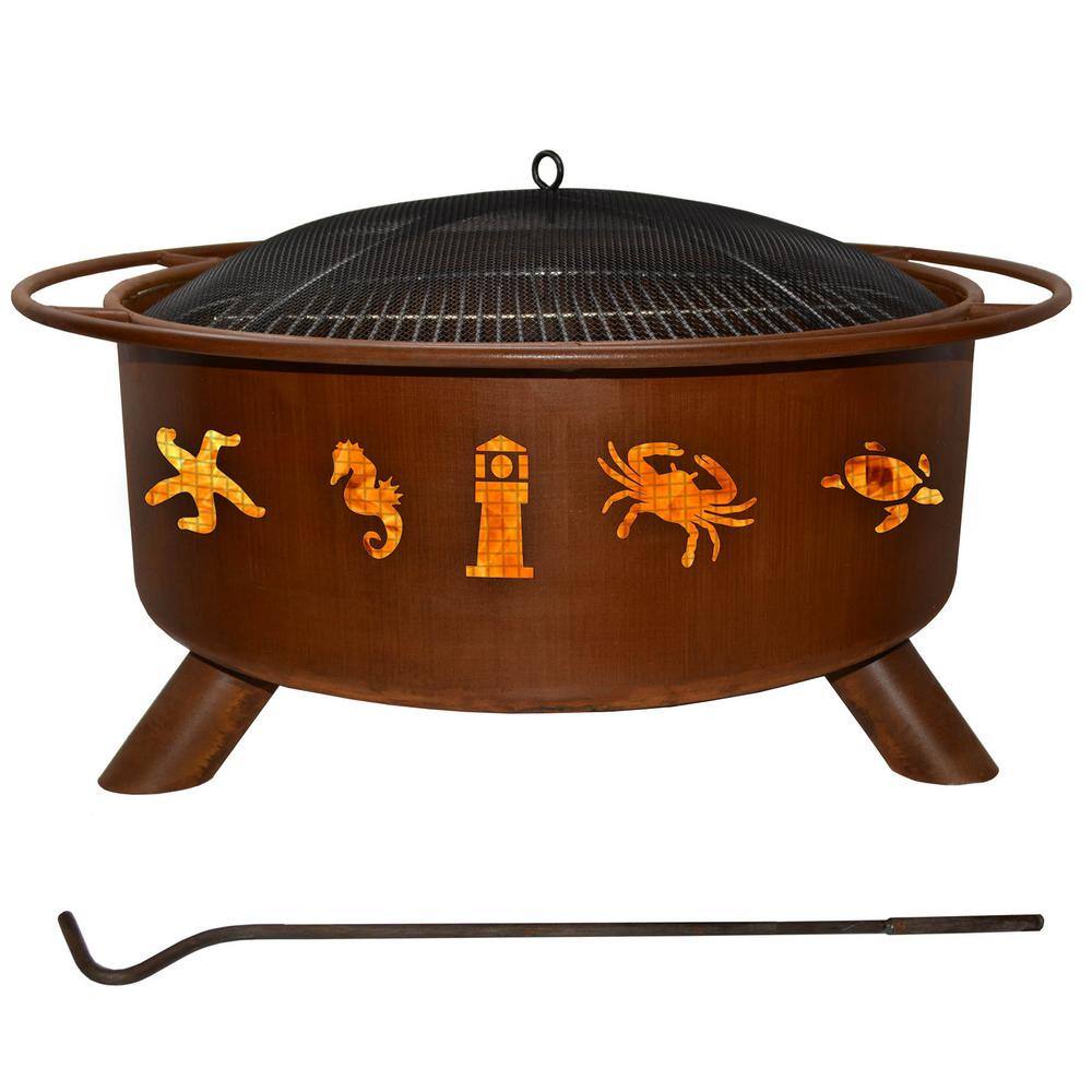 Atlantic Coast 29 in. x 18 in. Round Steel Wood Burning Fire Pit in Rust with Grill Poker Spark Screen and Cover F116