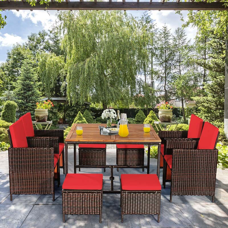 9 Pcs Rattan Wicker Outdoor Patio Dining Set with Acacia Wood Dining table, 4 Ottomans, 4 Cushioned Armchairs