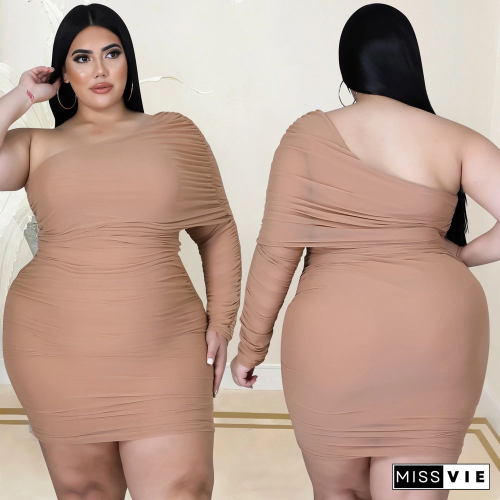 Plus Size Mesh Solid Single Sleeve Bodycon Dress