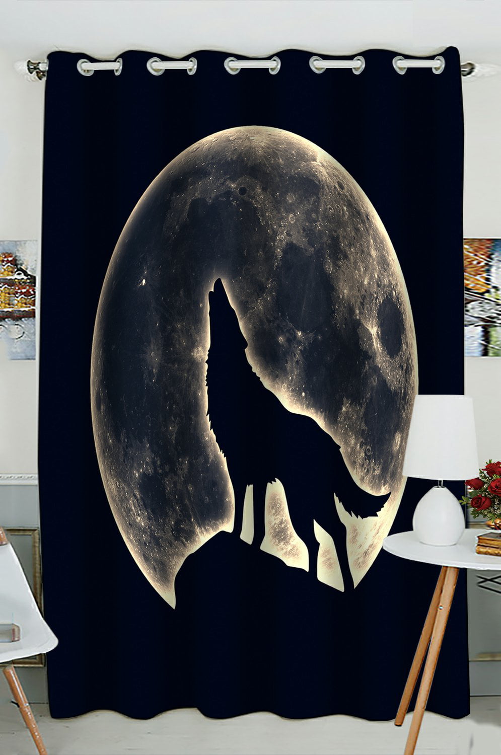 Phfzk Night Sky Window Curtain， Wolf Howling Full Moon Window Curtain Blackout Curtain For Bedroom Living Room Kitchen Room 52X84 Inches One Piece