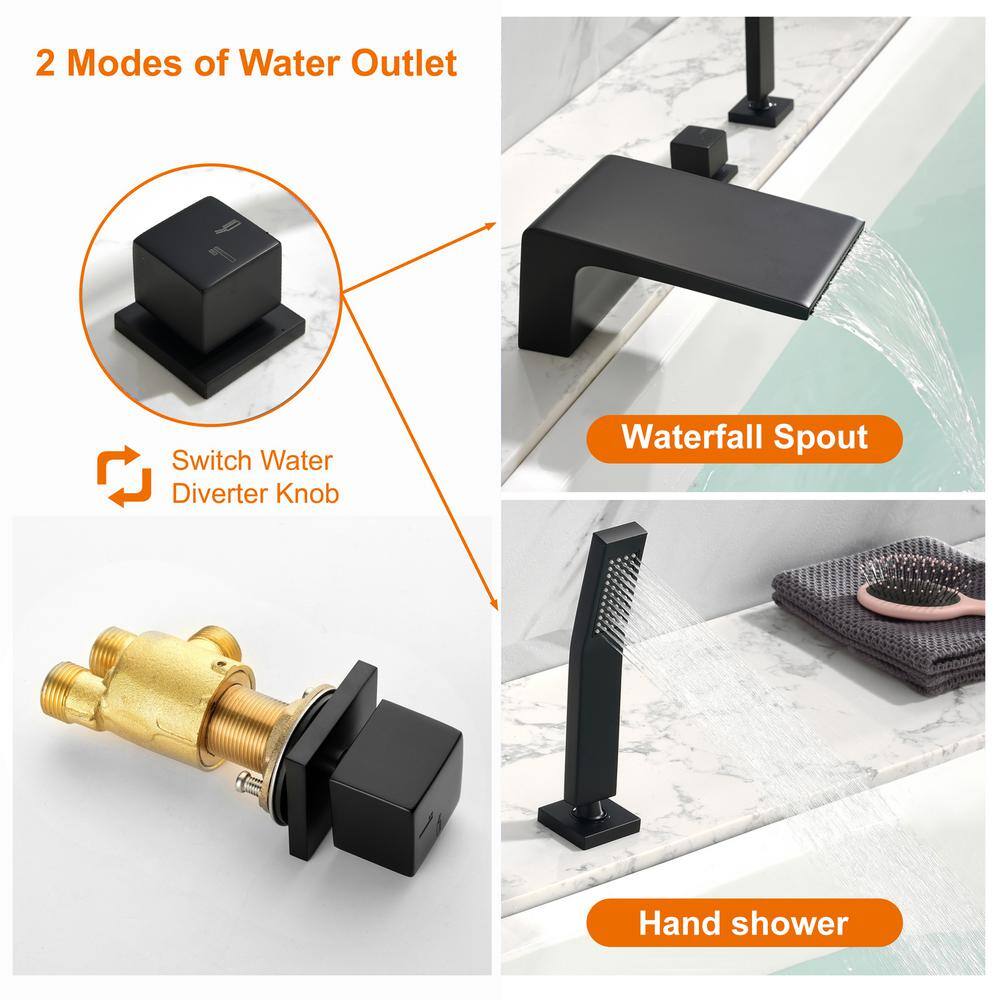 Zalerock Waterfall Single-Handle Deck-Mount Roman Tub Faucet with Hand Shower in Matte Black SSLTC0502B