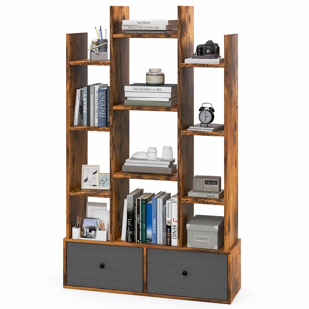 Costway Industrial Bookshelf Rustic Wooden Shelf Organizer With 2 Non woven Fabric Drawer