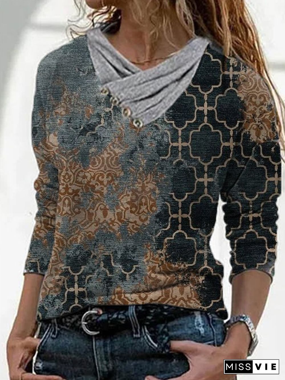 Long Sleeve Cowl Neck Printed Casual T-shirt