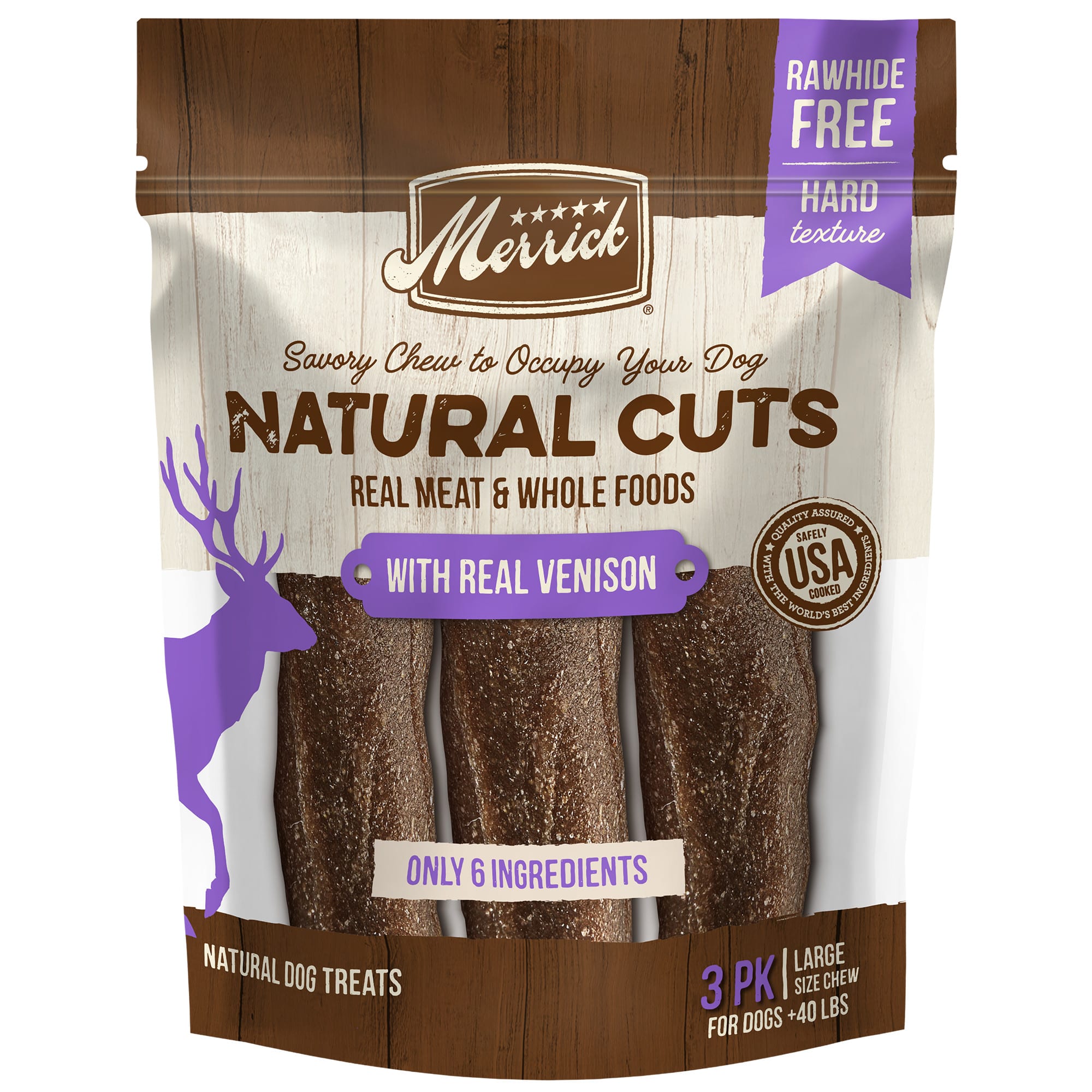 Merrick Natural Cuts Rawhide Free Large Chew with Real Venison for Dogs， 10.9 oz.， Count of 3