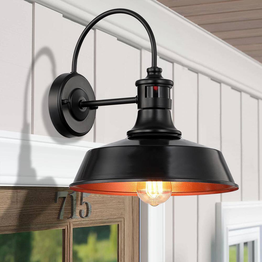 TRUE FINE Grantham 1-Light 12 in. Black Motion Sensor Outdoor Barn Light Wall Sconce TD130010OT