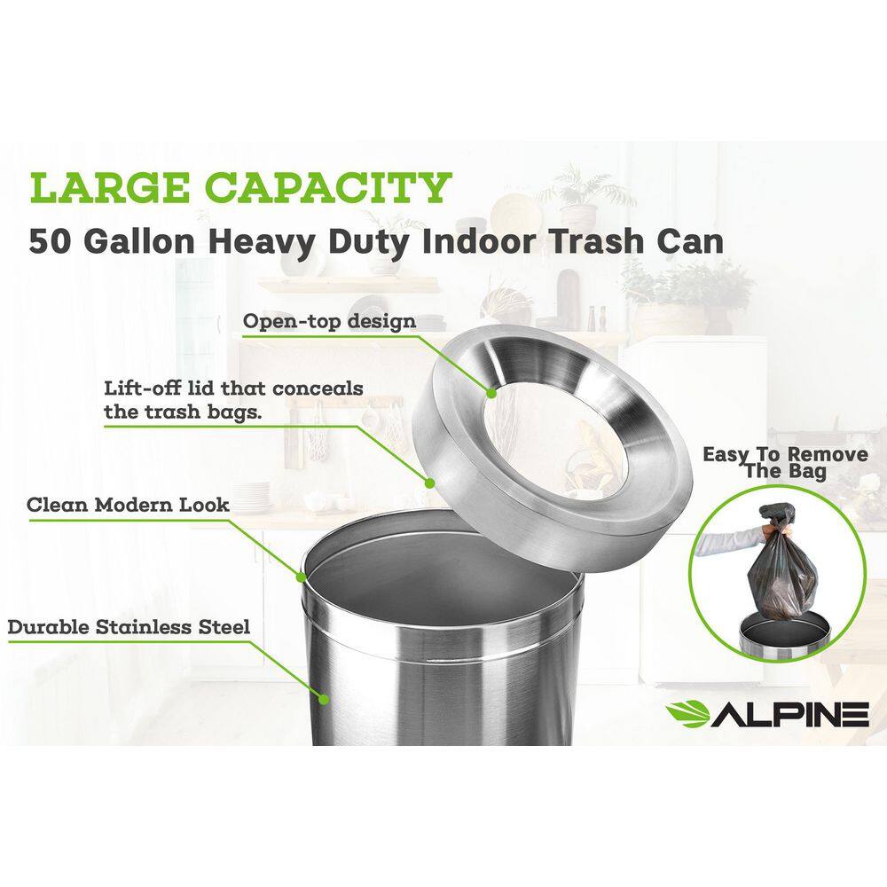 Alpine Industries 50 Gal. Stainless Steel Open Top Commercial Indoor Trash Can (2-Pack) 475-50-2PK