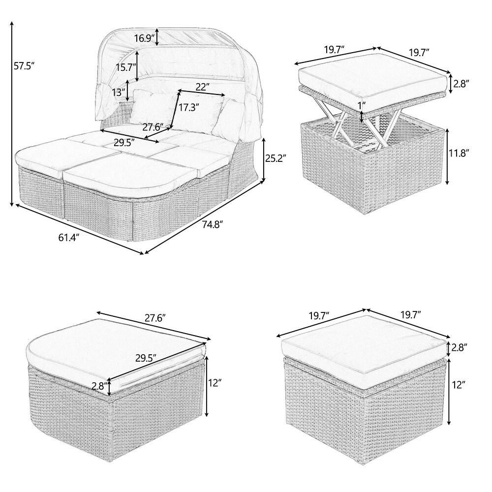 DIY Outdoor Sunbed Sofa Set with Coffee Table and Retractable Canopy